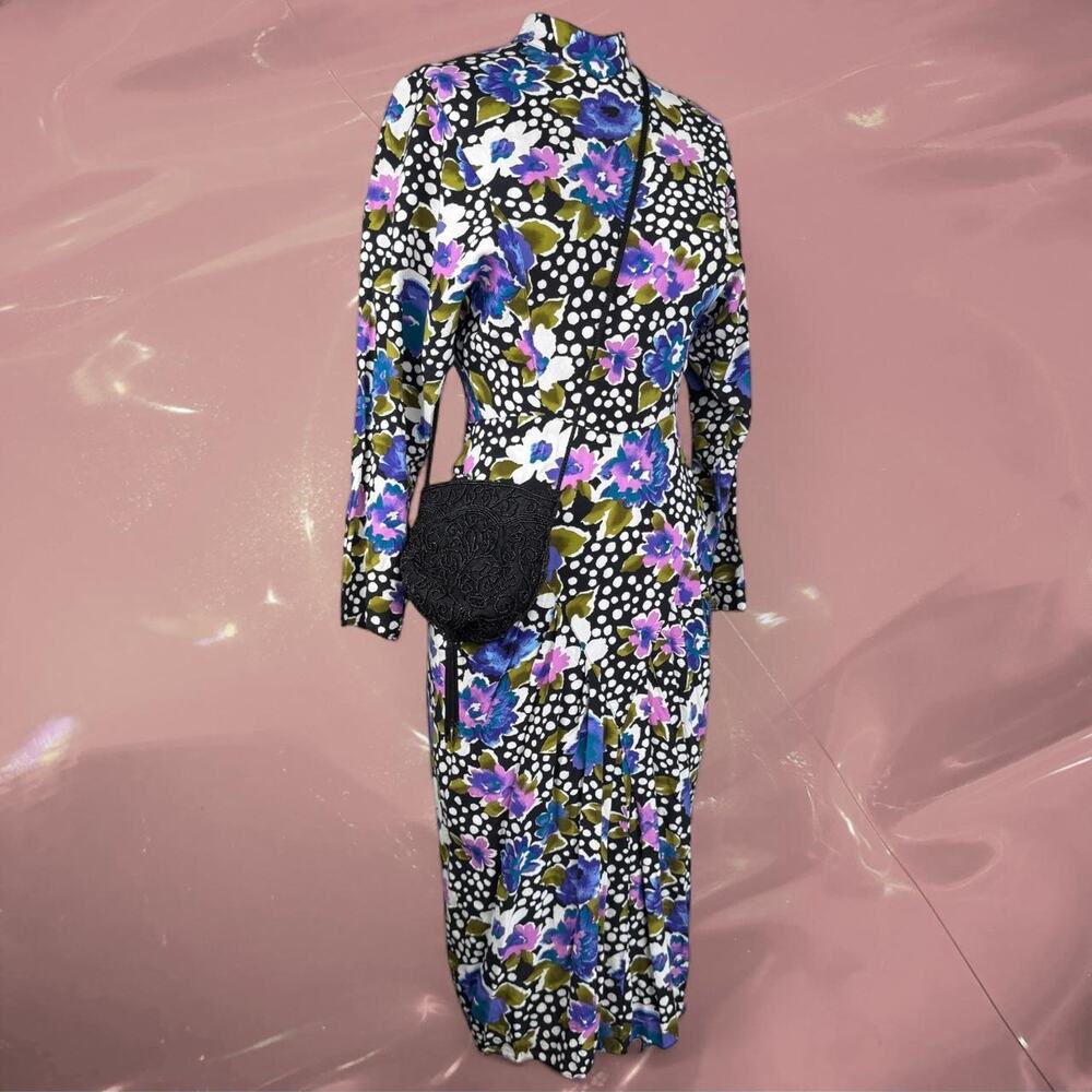 Vintage ST. AUGUST II black floral polka dot midi dress long sleeve